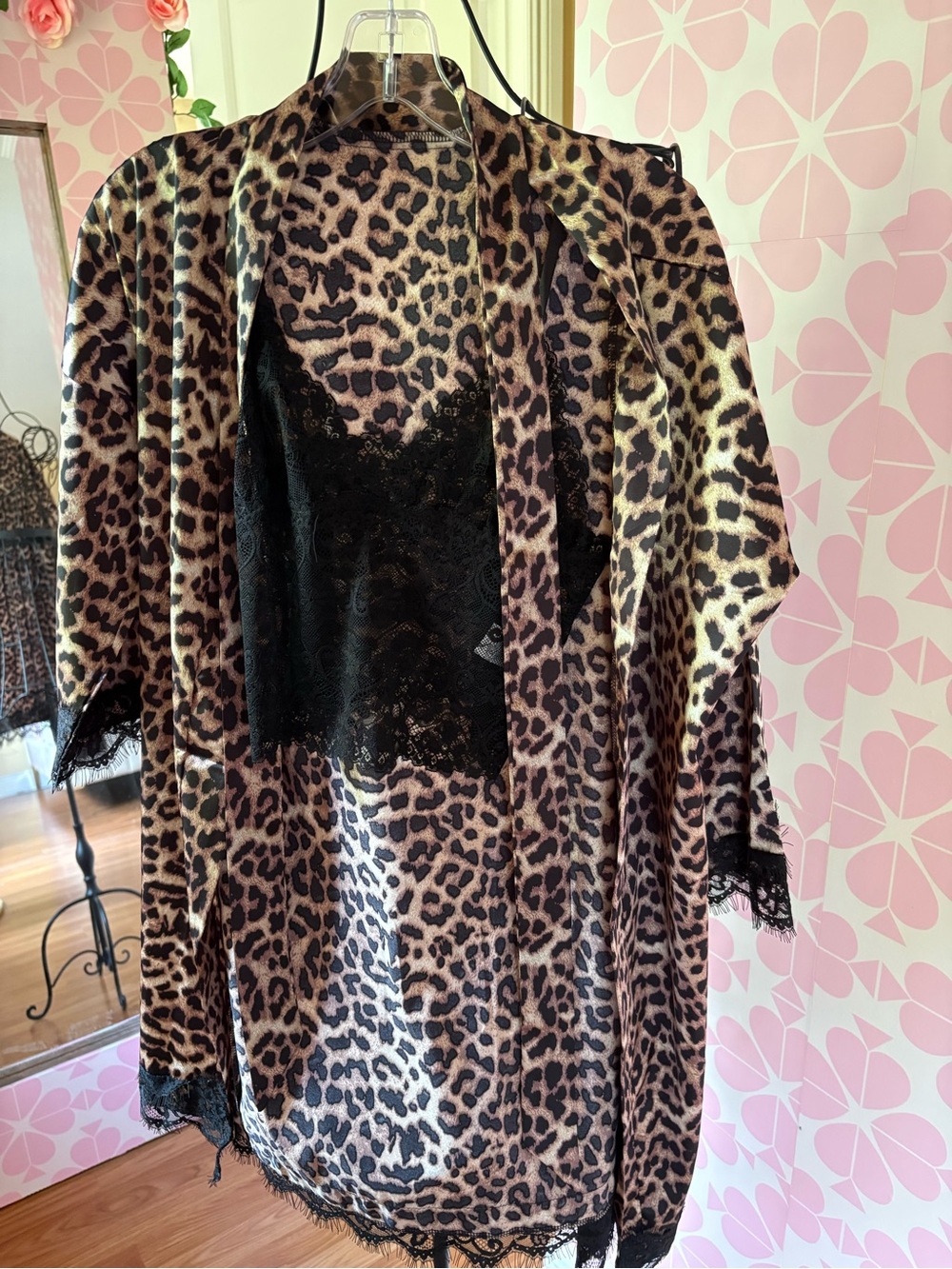 Leopard Print Satin Robe with Black Lace Trim